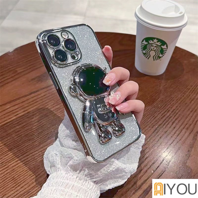 IPHONE Untuk Iphone14 Pro Max Mewah Persegi Plating Flash Glitter Bintang Astronot Holder Phone Case On11 12 13 Mini Xr Xs 7 8 Plus Cover