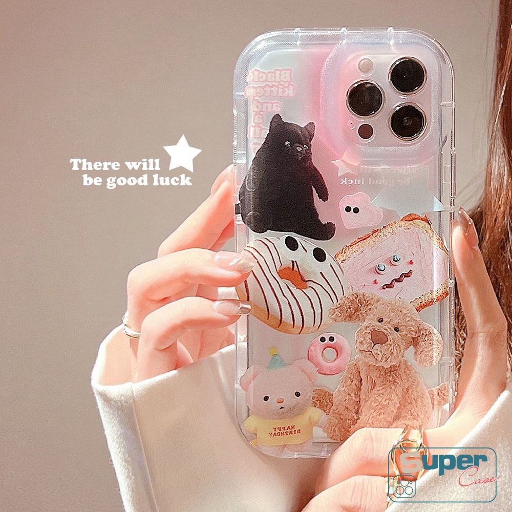 IPHONE Casing Ponsel Beruang Anjing Kucing Kartun Transparan Kompatibel Untuk Iphone11 13 14 12 Pro MAX 6 6S 7 8 Plus XR X XS MAX Ins Hewan Lucu Stiker Shockproof Airbag Lembut TPU Penutup Belakang