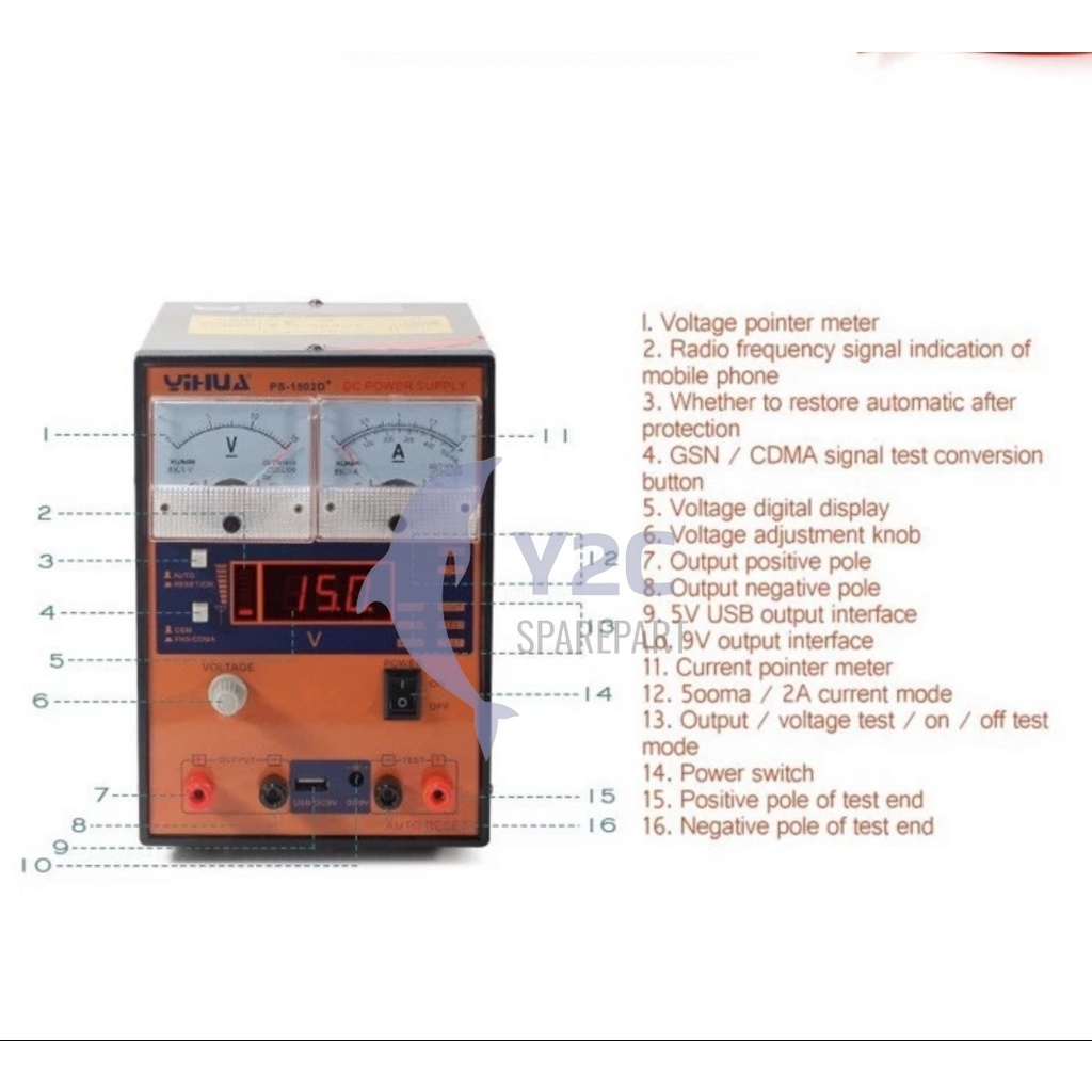 POWER 1502D+ ANALOG DIGITAL 2A 15V + KABEL 2 AMPERE ORIGINAL / ALAT SERVIS SERVICE HP