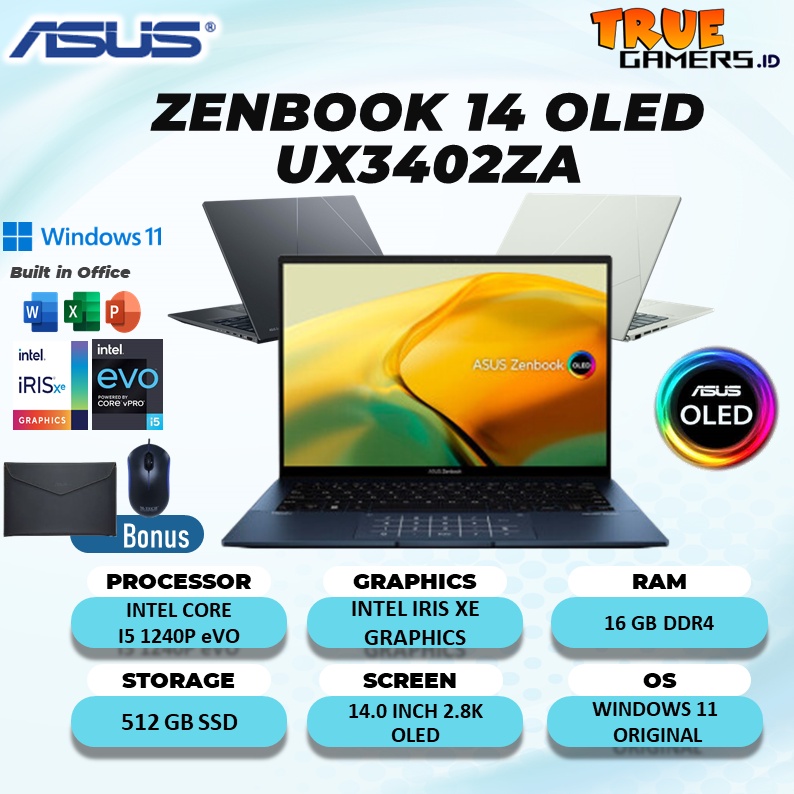 Asus Zenbook14 OLED UX3402ZA TOUCH I5 1240P 16GB 512ssd IRISXE FREE OHS 14.0 OLED