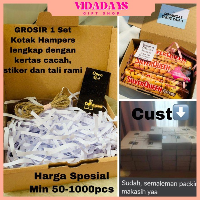 

Box 20x13x6.5cm 1 Set Kotak Hampers Acara + Cacah Kado Ulang Tahun + Sticker Open Me / Box Hampers Hadiah