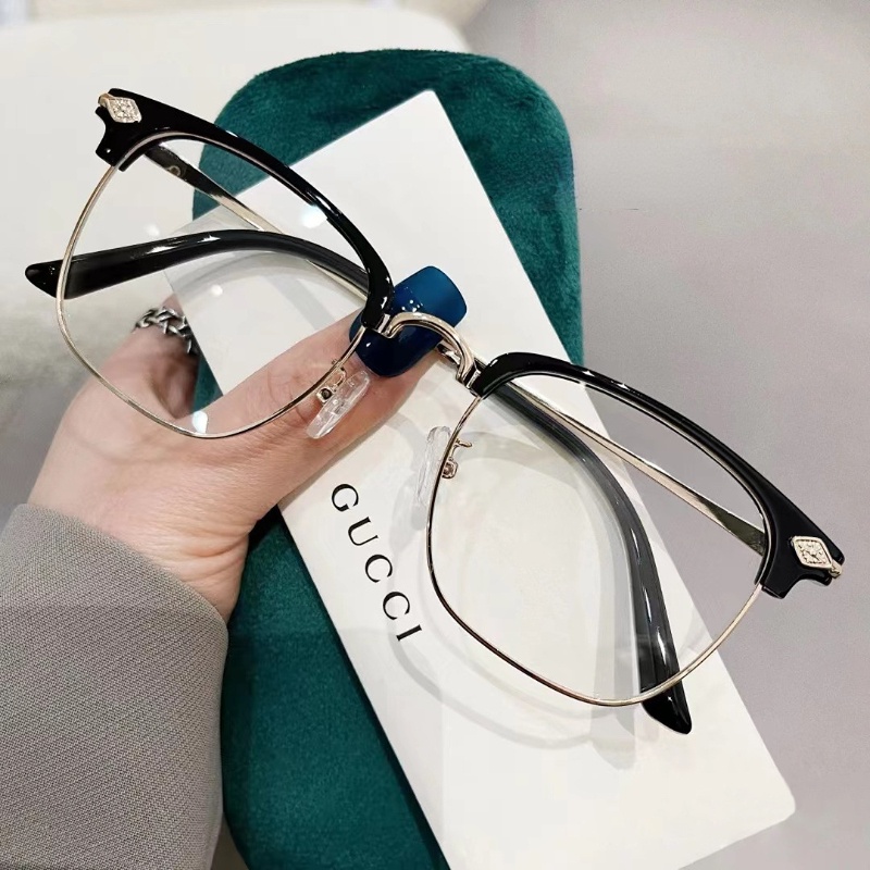 (YUZHU) Kacamata Bingkai Alis Logam Pria Oversized Square Frame Anti Blue Light Eyeglasses Women Dapat Dilengkapi Dengan Half Frame Eyeglasses