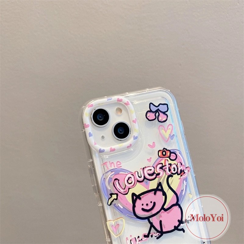 Ins Lucu Kartun Graffiti Cinta Hati Kucing Case Kompatibel Untuk iPhone 14 Pro Max11 13 12 7 8 Plus XR X XS MAX 6 6S Plus Airbag Shockproof Lembut Silicon TPU Penutup Belakang