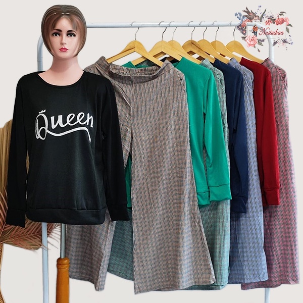 SETELAN KULOT FASHION TRENDY WANITA JUMBO ONE SET KAOS LENGAN PANJANG + CELANA KULOT PANJANG MOTIF KOTAK-KOTAK WANITA KASUAL