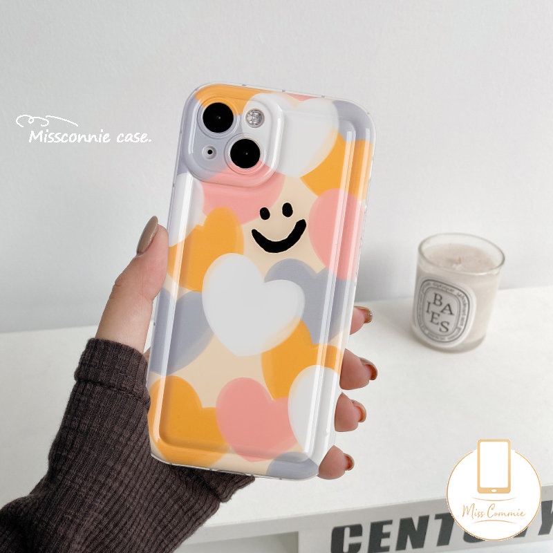 IPHONE Case Cinta Hati Warna-Warni Kompatibel Untuk Iphone11 14 13 12 Pro Max6 7 8 6S Plus XR X XS MAX SE 2020 Kartun Lucu Smiley Pelindung Kamera Lembut TPU Shockproof Airbag Silicon Cover