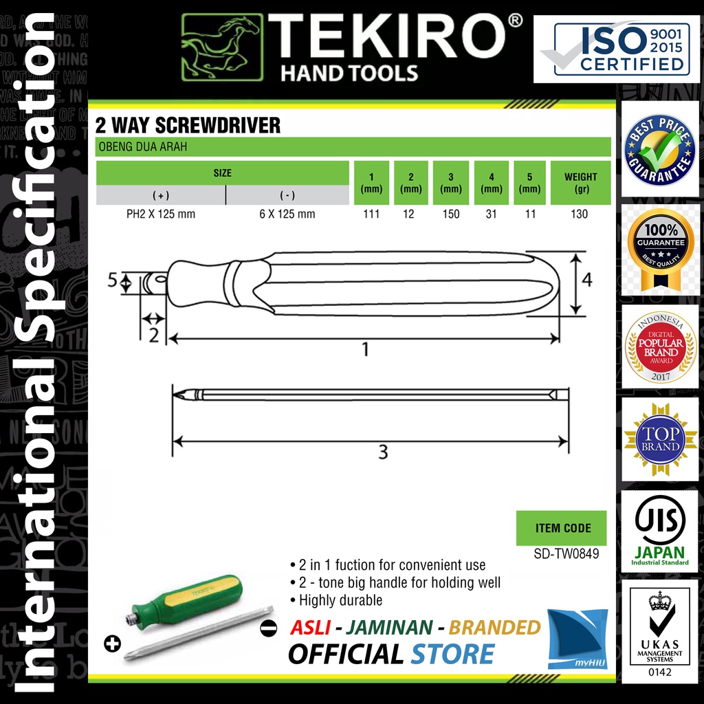 Obeng Bolak Balik (+/-) 6 x 125 mm Dua Arah / 2 Way Screwdriver TEKIRO ( Bongkar Pasang )