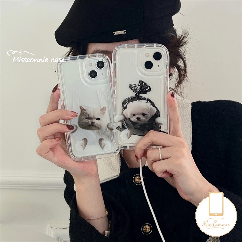 IPHONE Casing Ponsel Pasangan Kompatibel Untuk Iphone11 12 14 13 Pro Max XR X7 8 6 6s Plus XS Max Kreatif Kantong Plastik Lucu Anjing Kucing Bening Shockproof Airbag Lembut Tpu Penutup Belakang