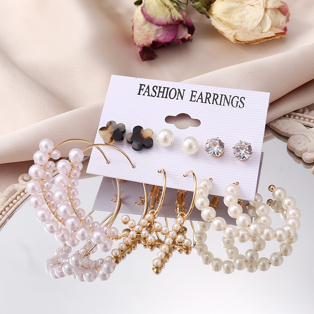 Anting Aksen Mutiara | Anting Warna Emas | 6pcs / Set Buku Literatur Dalam Bahasa Mandarin | Aksesoris Wanita | Sendok Garpu Bahan Stainless Steel