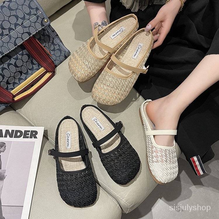 #Sisjuly# Renda dibungkus kepala setengah sandal sandal wanita baru grid burung baru bagian bawah le