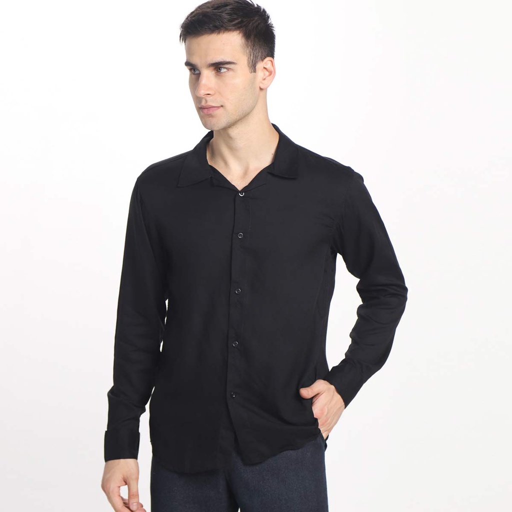 FORTGLASS Long Shirt Rayon Polos Kemeja Pria Polos Lengan Panjang Hitam Putih Navy Abu Khaki Coklat