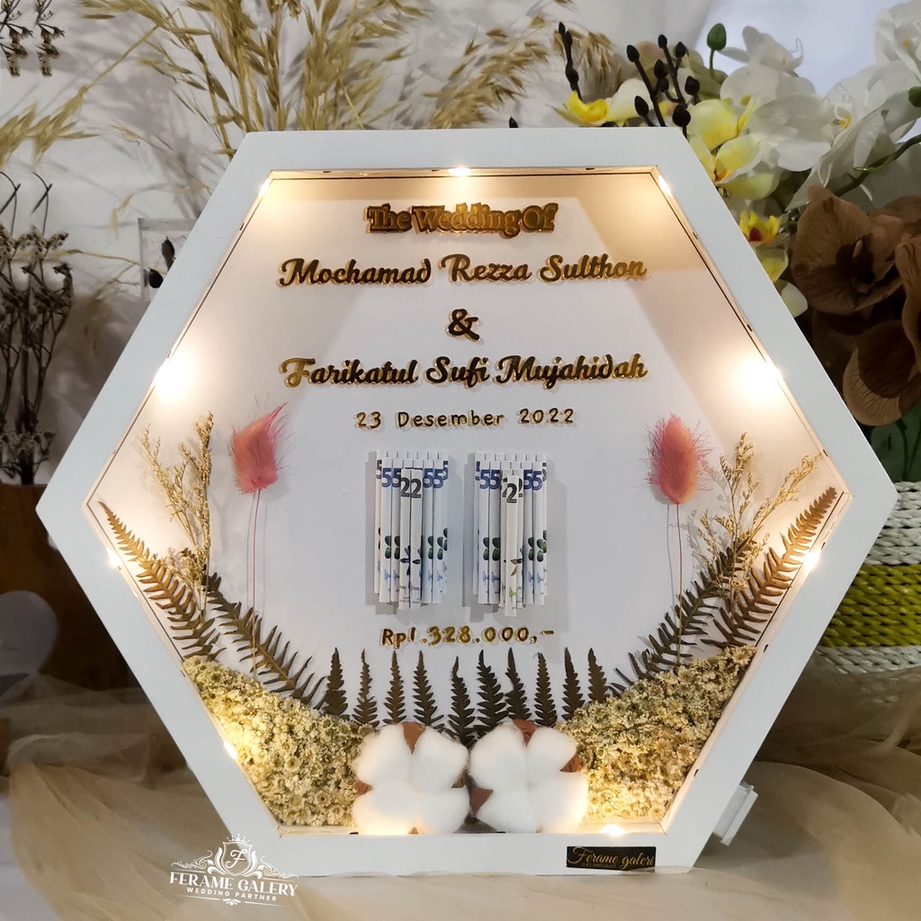 Bingkai Mahar Pernikahan Rustic Tulisan Timbul / Frame Mahar Pernikahan Bingkai Hexagonal 3D Pop Up / Mahar Murah / Mahar Nikah Bunga Rustik