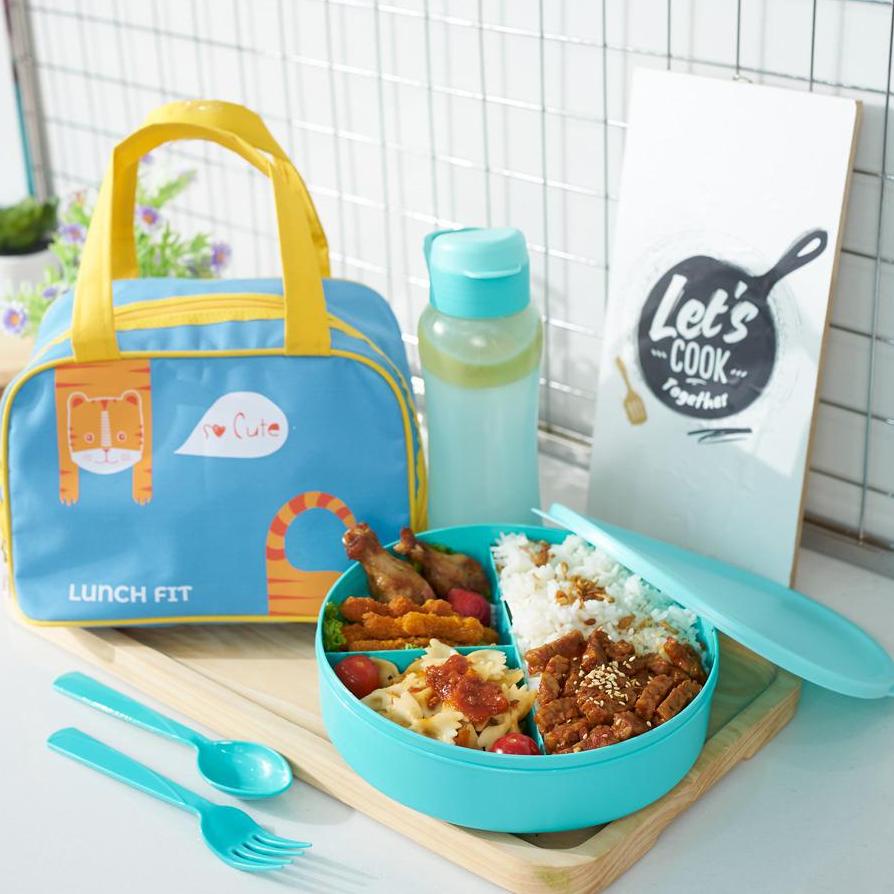 ➾ Lunchbox Set Anak / Lunchbox Lucu Karakter / Kotak Makan Bulat Sekat / Tas Bekal Makan / Kotak Bek
