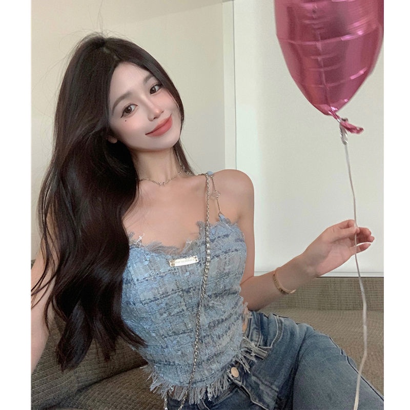 Red Rompi suspender rumbai biru wanita musim panas manis hot gadis pakaian luar desain rasa keinginan murni chic pakaian dalam atasan pendek