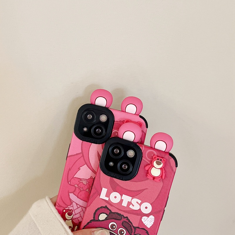 IPHONE Boneka 3D Motif Kuping Beruang Pink Rose Merah Kartun Manyo Soft Case HP iP Iphone7 8 14+Plus SE 2020 X XS XR 11 12 13 14 Pro Max Cewek Casing Apple