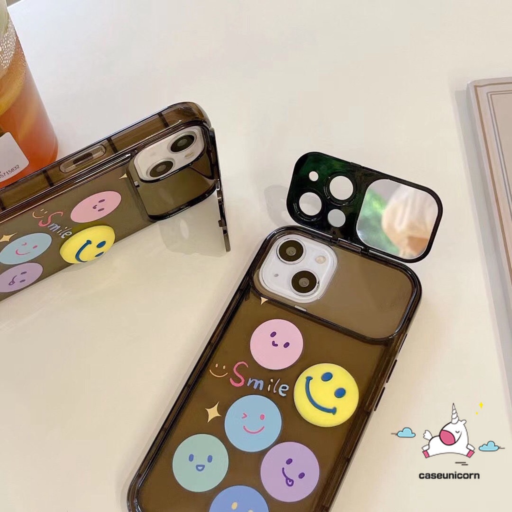 Casing Ponsel Kompatibel Untuk IPhone 7plus 8plus 11 14 13 12 Pro Max7 8 14 Plus XR X XS MAX SE Kreatif Flip Make Up Cermin Kartun Lucu Smiley Smile Lembut TPU Silicon Case