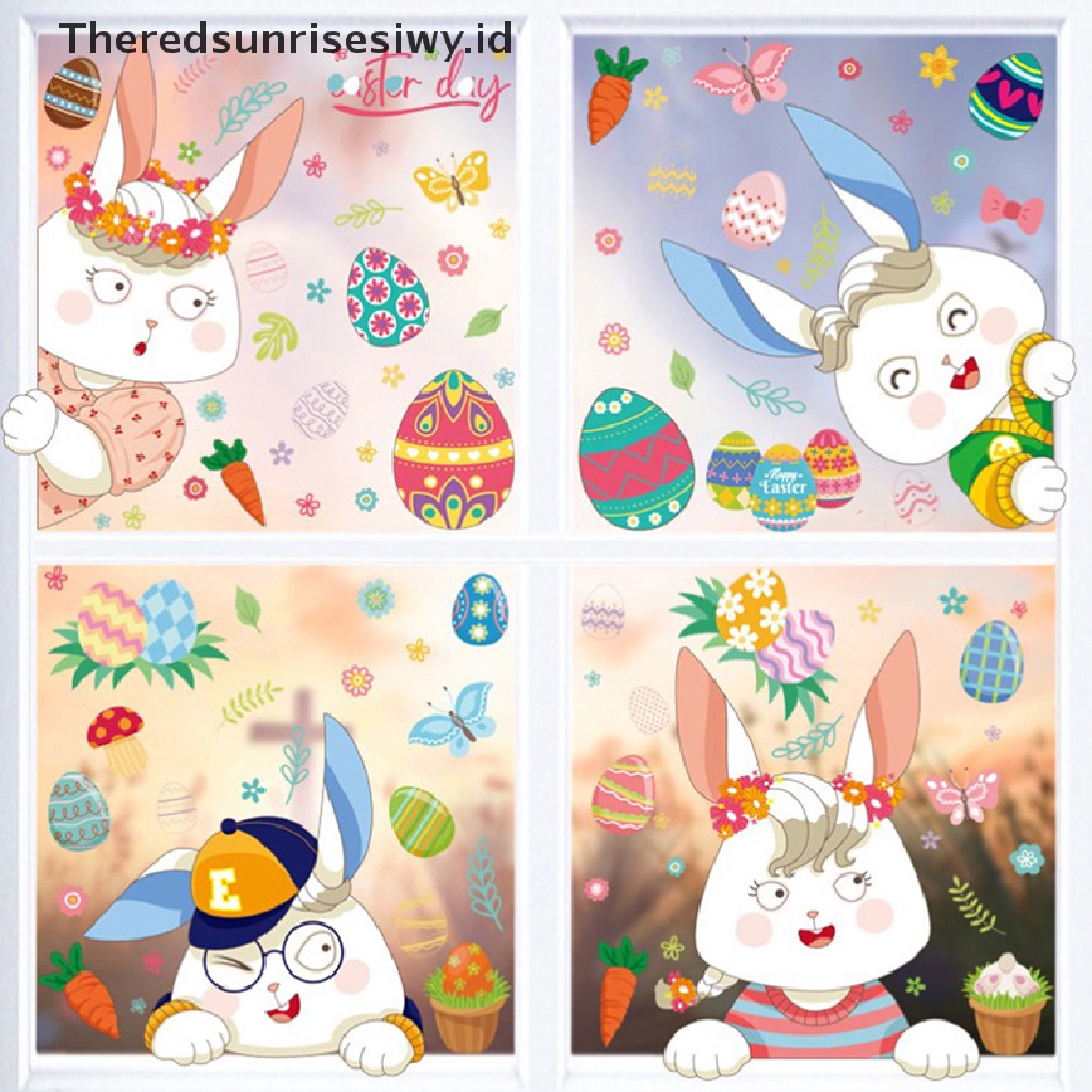 # Baju Lebaran # Stiker Jendela Kaca Happy Easter Colorful Bunny Eggs Wall Sticker 25x35cm~