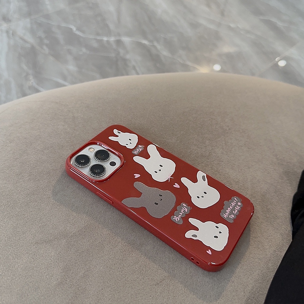 Ins Vintage Bunny Rabbits Wine Red Soft TPU Phone Case Back Cover Pelindung Untuk Iphone X XR XS 11 12 13 14 PLUS PRO MAX