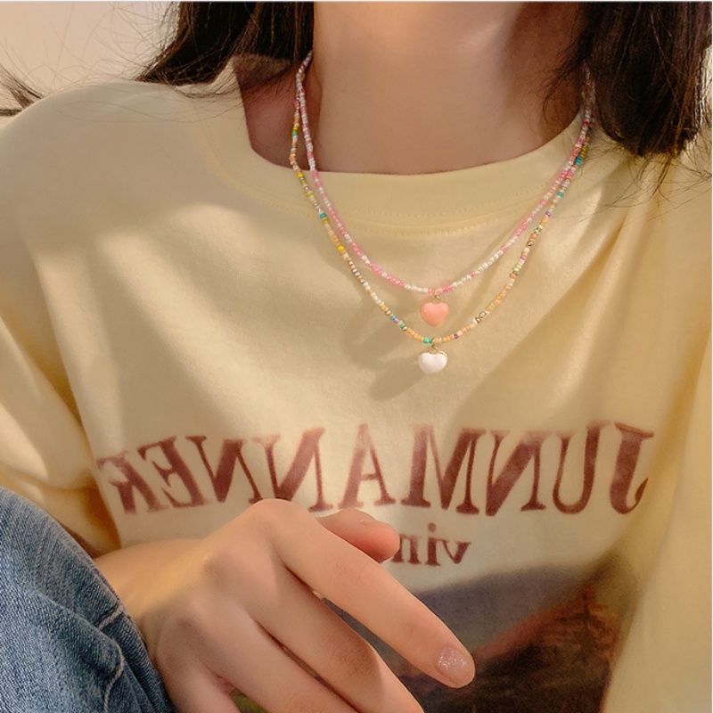Papaozhu Lucu Warna-Warni Manik-Manik Rantai Glossy Hati Liontin Kalung Untuk Wanita Gadis Bohemia Pelangi Manik-Manik Kalung Liburan Musim Panas Pantai Perhiasan Hadiah