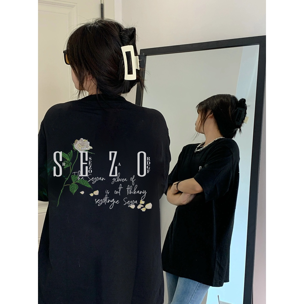 baju atasan wanita terbaru kaos/lengan pendek oversize korea style rose motif printed t-shirt basic kaos hitam