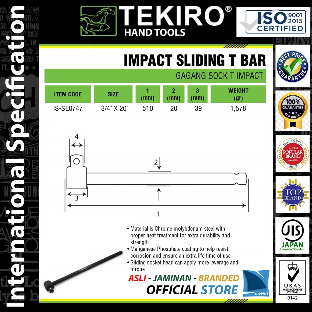 Gagang Soket Geser PUKUL 3/4&quot;  inch DR.x 20&quot; inch / IMPACT Sliding Socket T Handle Sock TEKIRO