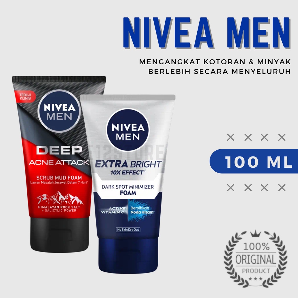 ( Nivea Men Deep Acne Attac ) &amp; ( Extra Bright Dark spot Facial Foam ) 100 ML | Sabun Cuci Muka Pria