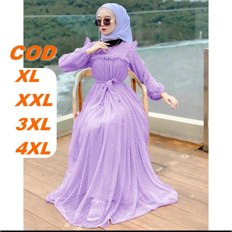 Dress Brukat / Gamis Hari Raya Lebaran Ungu Lilac Lave Jumbo Lucu Modis Mewah LD 110 120 130 140 XXL
