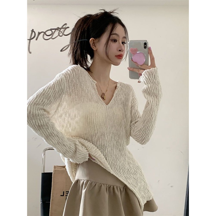 Red Gaya Hong Kong retro bergaris V-neck lengan panjang rajutan sweater wanita musim gugur bagian tipis rasa desain celah longgar atasan kemeja pelindung sinar matahari