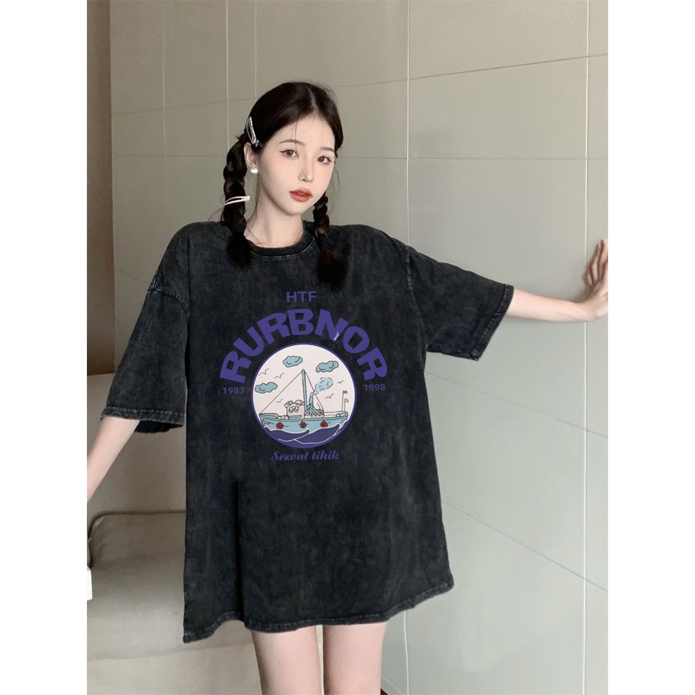 XIAOZHAINV Korean Style Ship Pattern Washed Printing Kaos Wanita