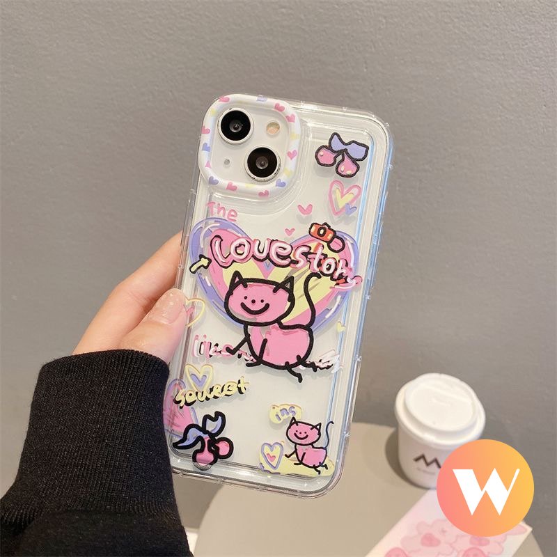 IPHONE Ins Graffiti Phone Case Kompatibel Untuk Iphone11 13 12 14 Pro Max XR X7 8 6s 6 Plus XS Max SE 2020 Lucu Kartun Cinta Hati Kucing Lembut Silicon TPU Airbag Shockproof Clear Cover