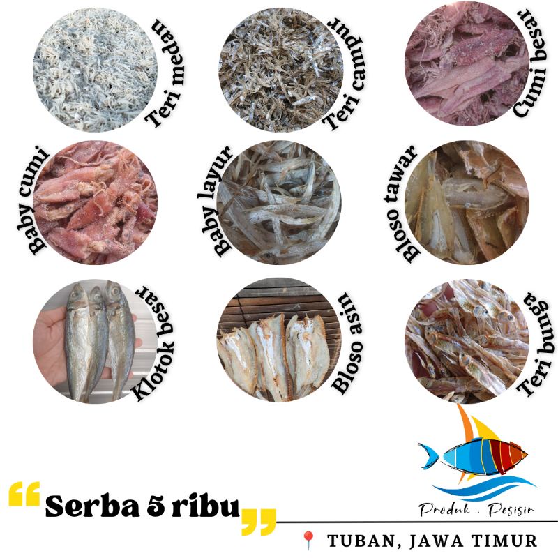 

Aneka Ikan Asin (Cumi, Teri, Klotok, dll) Serba 5 Ribu minim beli 2 pcs