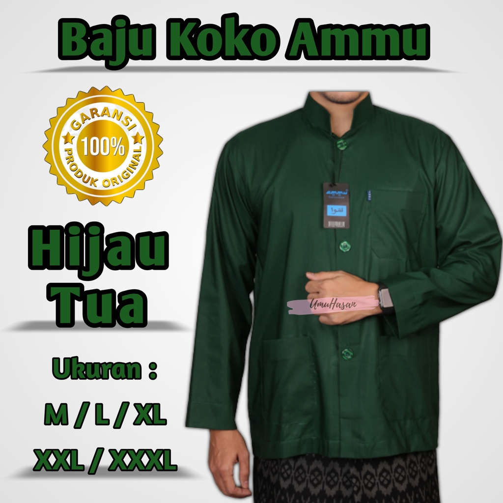 Baju Koko Ammu Collection Hijau Tua, NU, Botol, Baju Koko Muslim Pria Dewasa Lengan Panjang