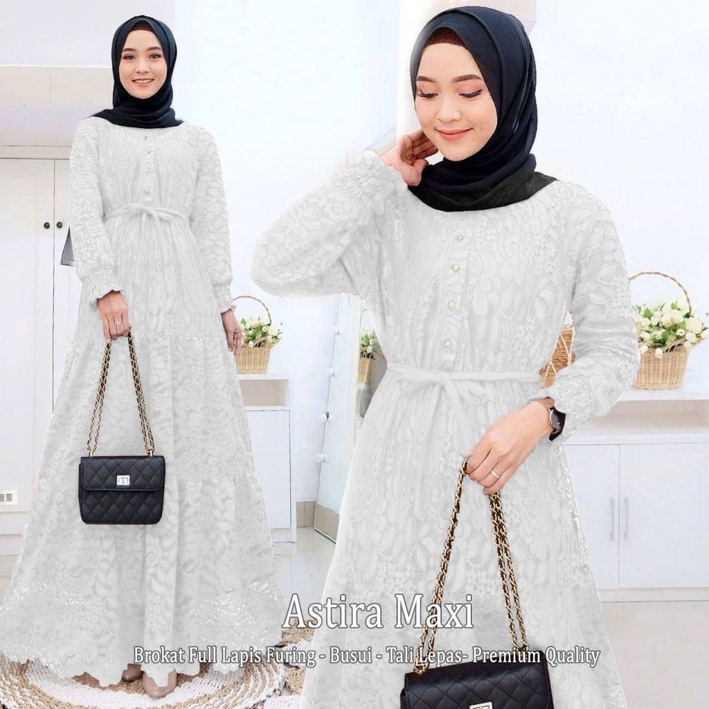 HOPYLOVY Gamis Maxi Dress Brukat Lapis Furing Astira White