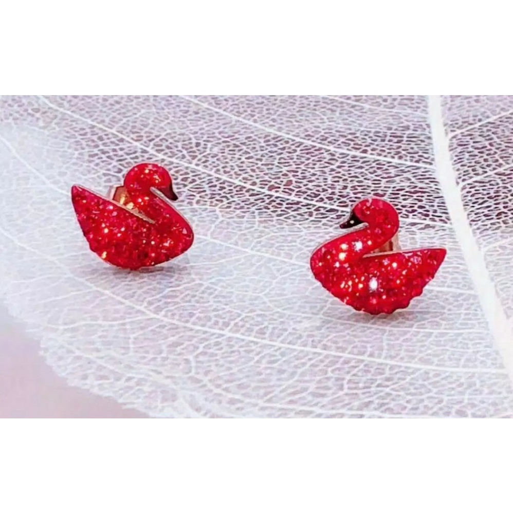 Anting Tusuk Titanium Swan Kristal Altifisial Putih Merah dan Hitam Rose Gold