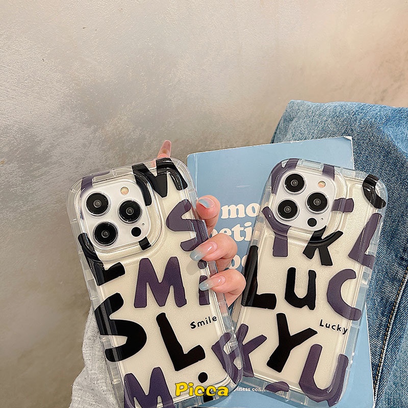 Ins Bening Airbag Shockproof Case Kompatibel Untuk IPhone 7plus 8plus 11 6 6S 7 8 Plus 14 13 12 Pro MAX XR X XS MAX Lucky Huruf Alfabet Sederhana TPU Lembut Penutup Belakang Anti Jatuh
