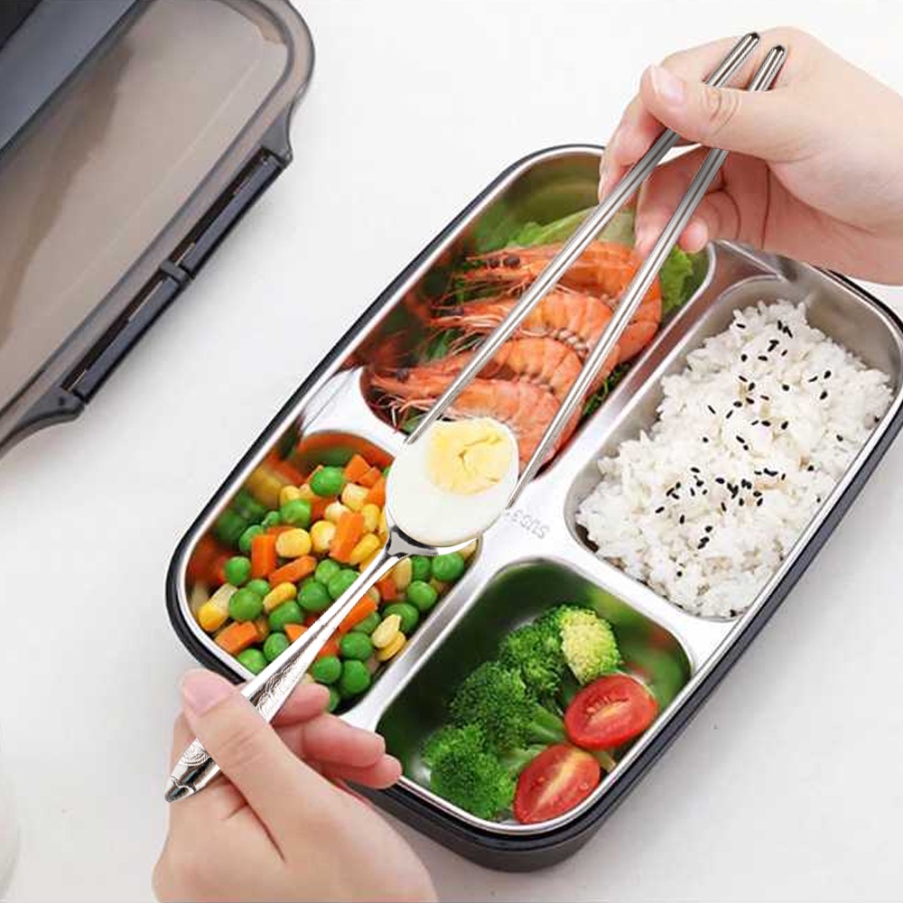 Healthy Bento Kotak Bekal Makan Siang Lunch Box Stainless Steel 3 Sekat 1000ml With Spoon &amp; Chopstick