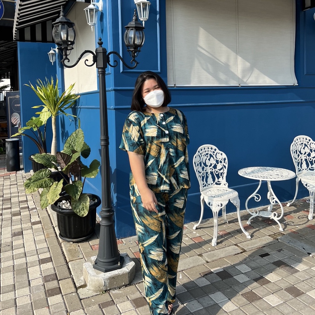 Genie one set piyama rayon motif serat kayu abstrak