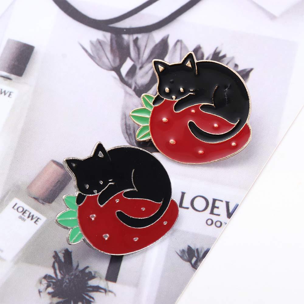 Needway   Kucing Bros Lucu Kartun Strawberry Kucing Hitam Lencana Pin Kerah Pin Enamel Pin