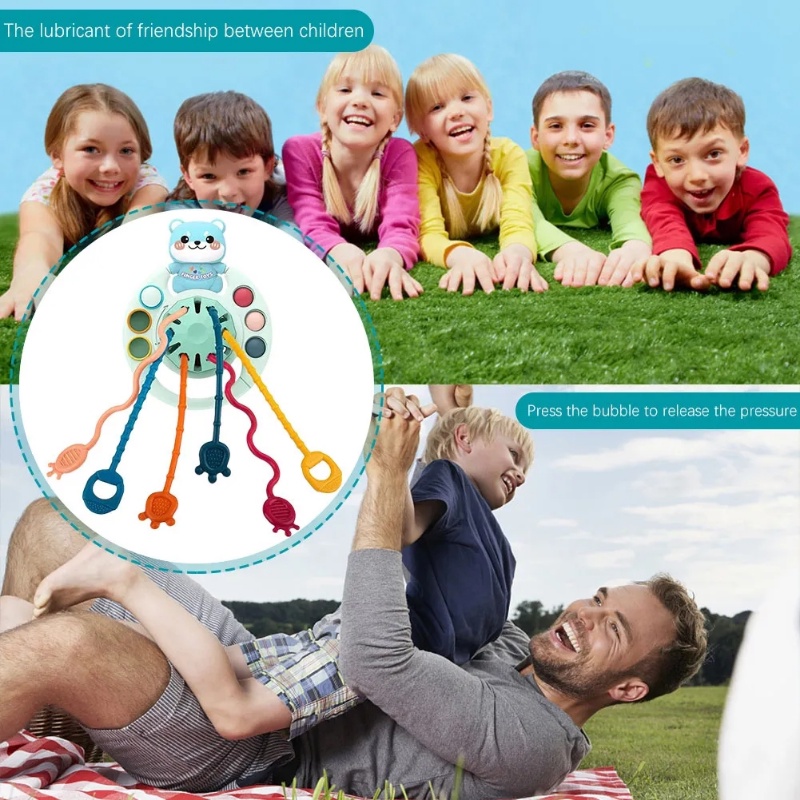 Creative 5 In 1 Children Pull String Developmental Toy / Safe Non-toxic Soft Silicone Teething Toys / Cute Cartoon Bear Flying Saucer Shape Fun Toy