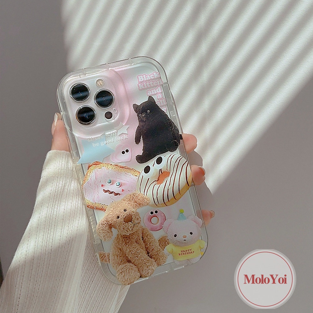 IPHONE Casing Kompatibel Untuk Iphone11 13 12 14 Pro Max 7Plus XR 6s 7 8 6 Plus X XS Max SE 2020 Hewan Lucu Stiker Boneka Beruang Shockproof Airbag Lembut Tpu Bening Case Cover