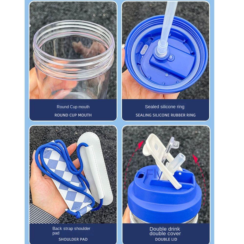 R-FLOWER 450ml Penutup Gelas Cangkir Minuman Ganda Gym Travel Bening Dengan Sedotan