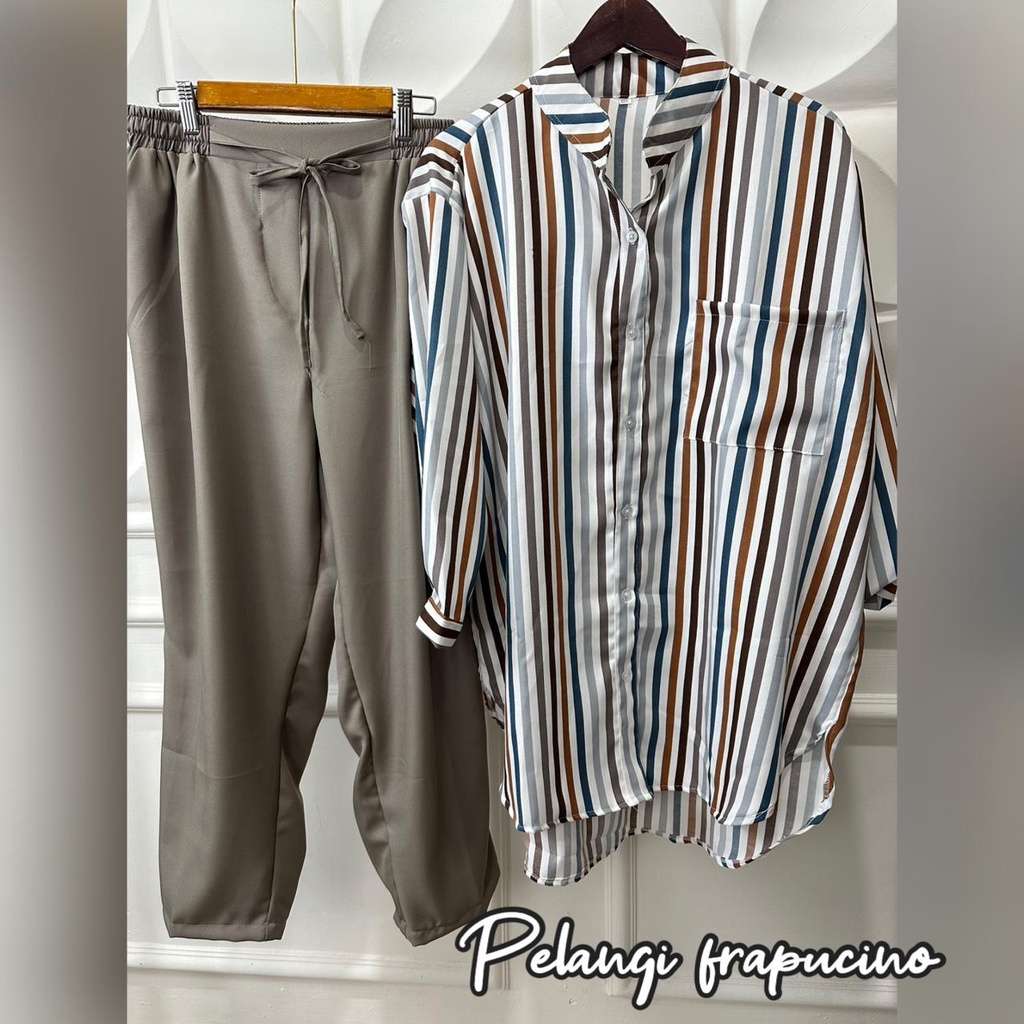 Oneset Eisya Pelangi Setelan Wanita Celana Pinggang Serut Motif Salur Garis Lurik Bahan Syakila Jumbo Up size BB 100kg Setrip