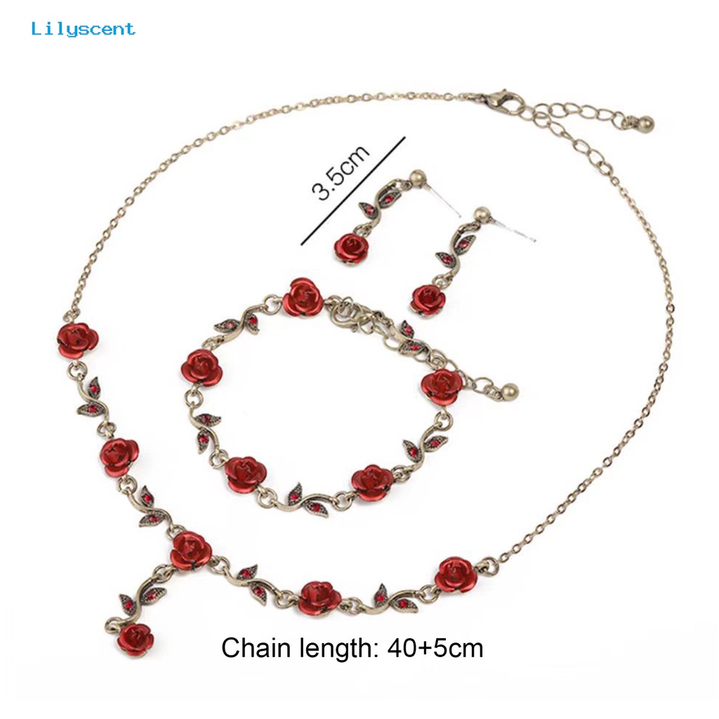 [LS] 1set Wanita Rose Kalung Gaya Perancis Retro Elegan Rantai Emas Peri Hadiah Adjustable Bunga Merah Gelang Stud Anting Kit Perhiasan Aksesoris