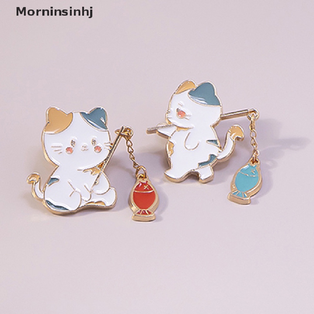 Mornin Kartun Kucing Bros Pin Kucing Memancing Dengan Rantai DIY Tombol Pin Logam Denim Jaket Pin Lencana Perhiasan Hadiah Untuk Anak-Anak Siswa Tas Sekolah Liontin id