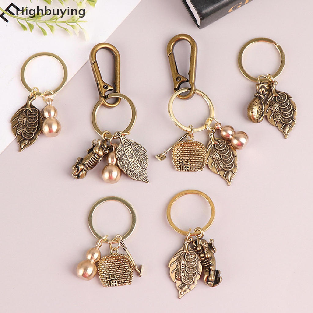 Hbid Kekayaan Sukses Cina Feng Shui Antik Kuningan Murni Gantungan Kunci Labu Pixiu Keyring Glory