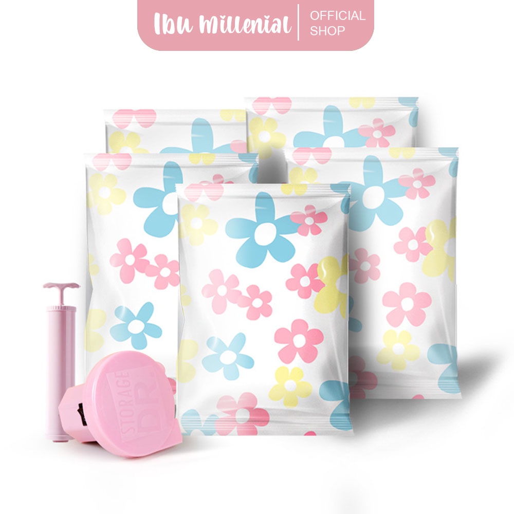 IBUMILLENIAL Plastik Vacuum Kantong Pakaian Travel Motif Bunga Anti-air Dipakai Berulang