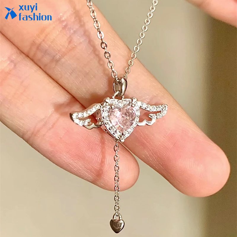 Merah Muda Zirkon Cupid Jantung Kalung Rantai Perak Fashion Manis Sederhana Rantai Perak Liontin Kalung Choker Perhiasan Aksesoris