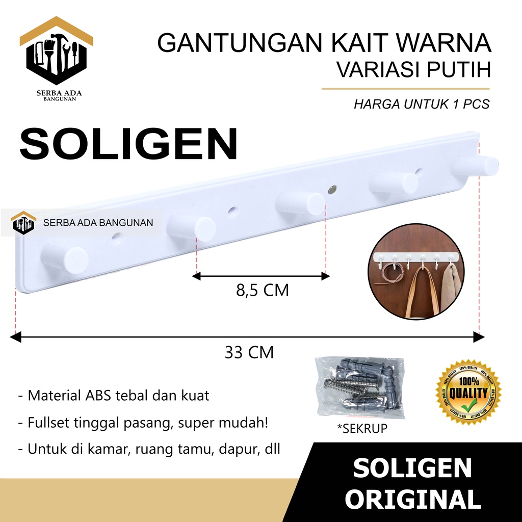 Gantungan Baju SOLIGEN Hanger 5 Kait Plastik PVC Kapstok Dinding Tembok Cantolan