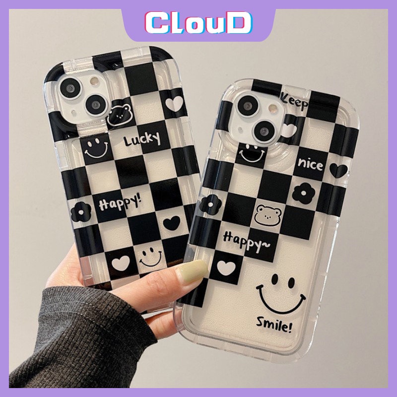 IPHONE Pasangan Chessboard Cinta Hati Case Kompatibel Untuk Iphone7 6s 8 6 Plus XR X13 11 12 14 Pro Max XS Max SE 2020 Smiley Lucu Shockproof Airbag Lembut Tpu Bunga Cover