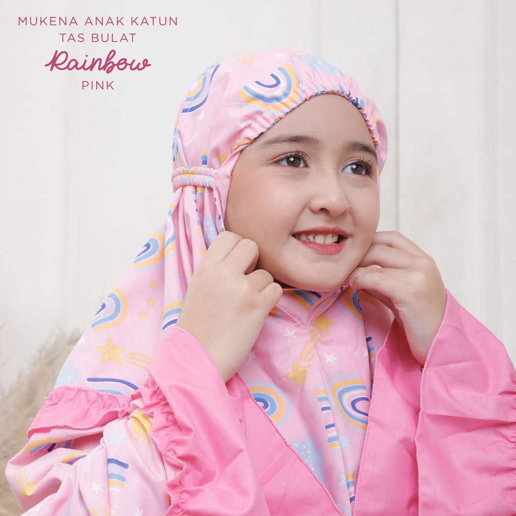 MUKENA BALI TASIK - MUKENA ANAK KATUN MOTIF RAINBOW PINK (TAS BULAT)