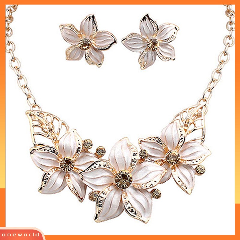 OW@ Fashion Women Rhinestone Flower Statement Pendant Necklace Earrings Jewelry Set